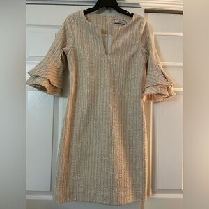 CK Bradley Marilynn Gold Tweed Dress with Bell Sleeve. Elegant, new never worn.